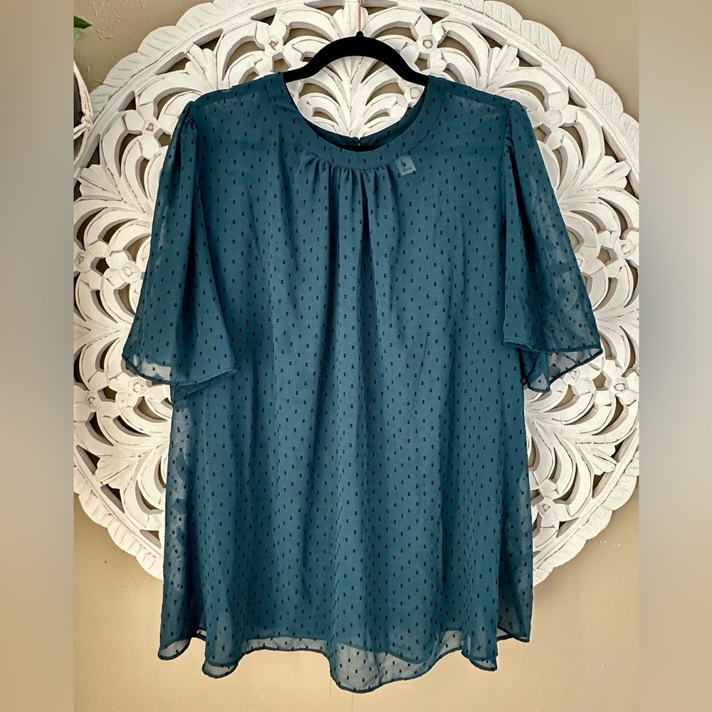 Ava & Viv Forest Green Sheer Blouse with Dot Pattern